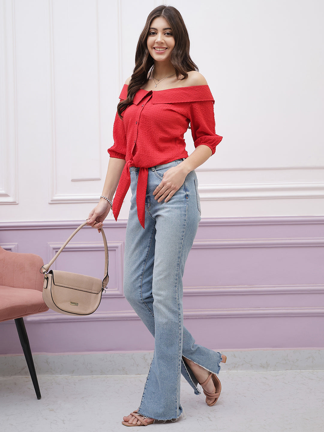 athena immutable off shoulder puff sleeve waist tie ups bardot crop top 3