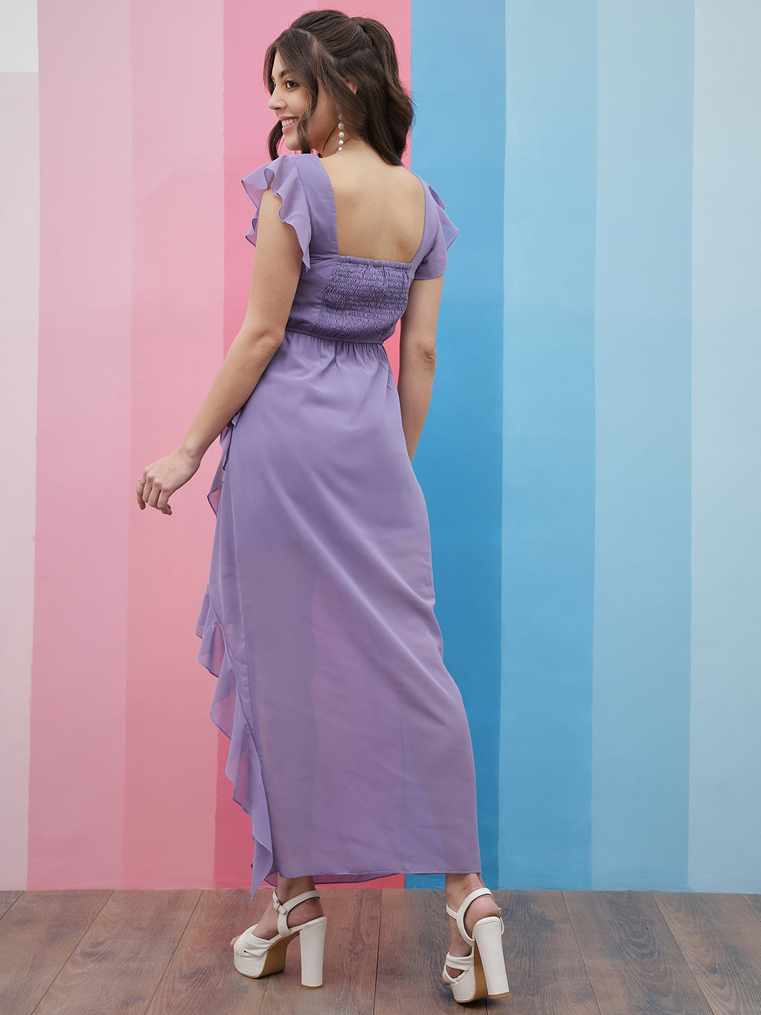 athena lavender square neck flutter sleeves ruffled detailed maxi dress