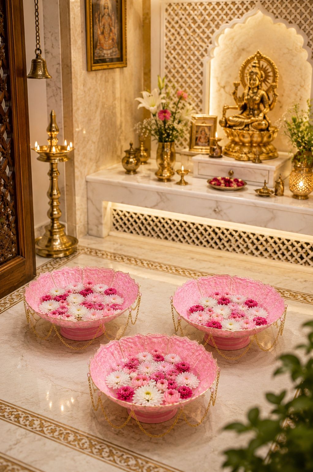 premium pink lotus urli bowl set of 3 with decorative chain handcrafted metal floating flower bowls for water candles tea lights decorative urli for diwali wedding pooja home decor