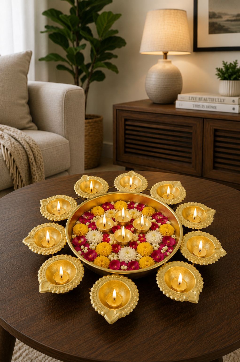 premium iron urli with 8 diya holders decorative metal floating flower bowl for water candles rangoli traditional urli for diwali pooja wedding festivals home decoration