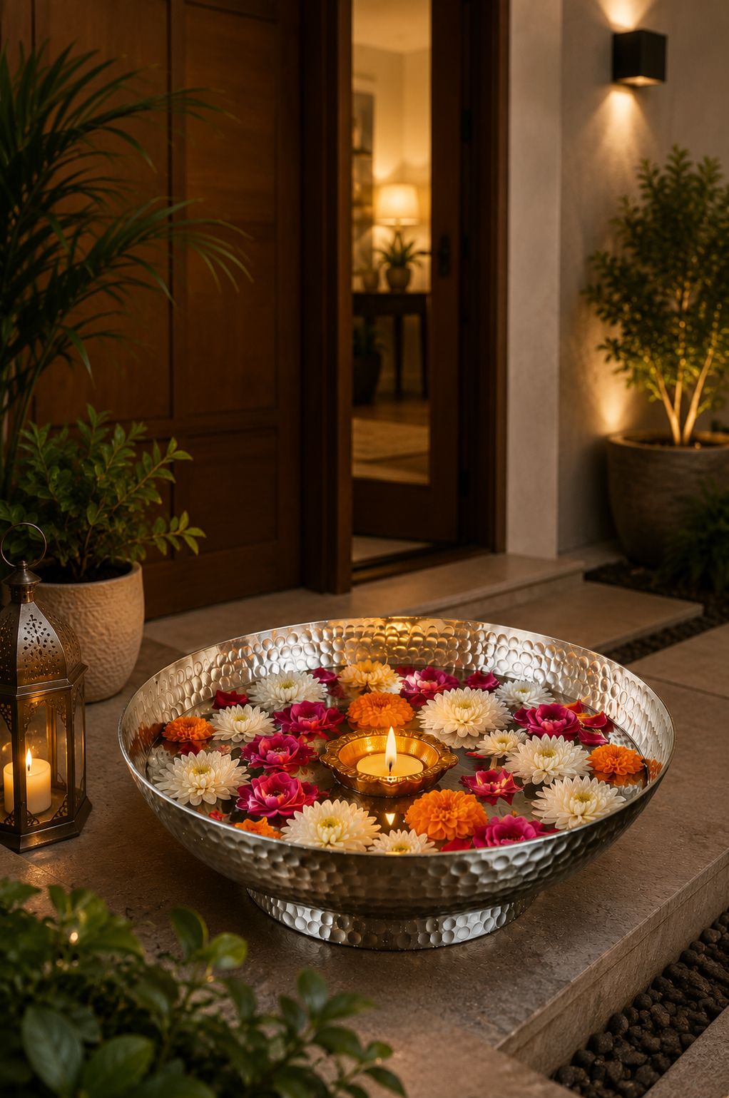 premium hammered silver urli bowl decorative metal floating flower bowl for water candles tea lights diyas handcrafted festival pooja wedding home decor centerpiece