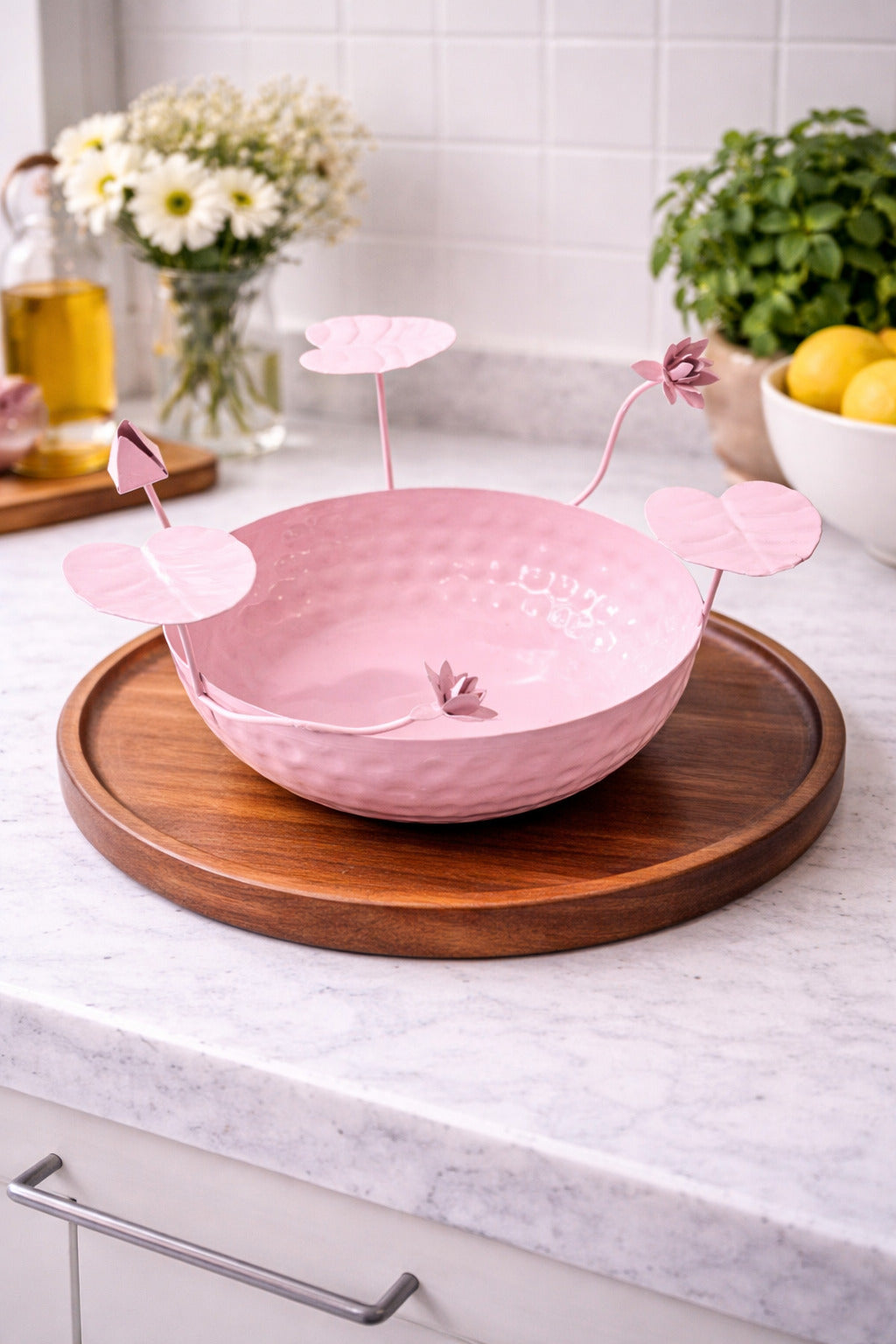 galvanized metal urli bowl for floating flowers candles decorative urli with lotus stems for home festival decor pink