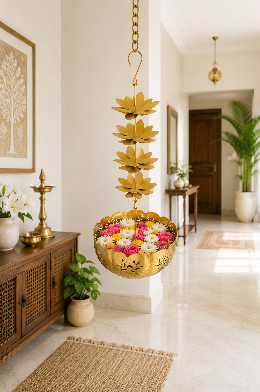 premium hanging lotus urli bowl decorative metal hanging flower urli for floating flowers water candles traditional hanging urli for diwali pooja wedding home decoration