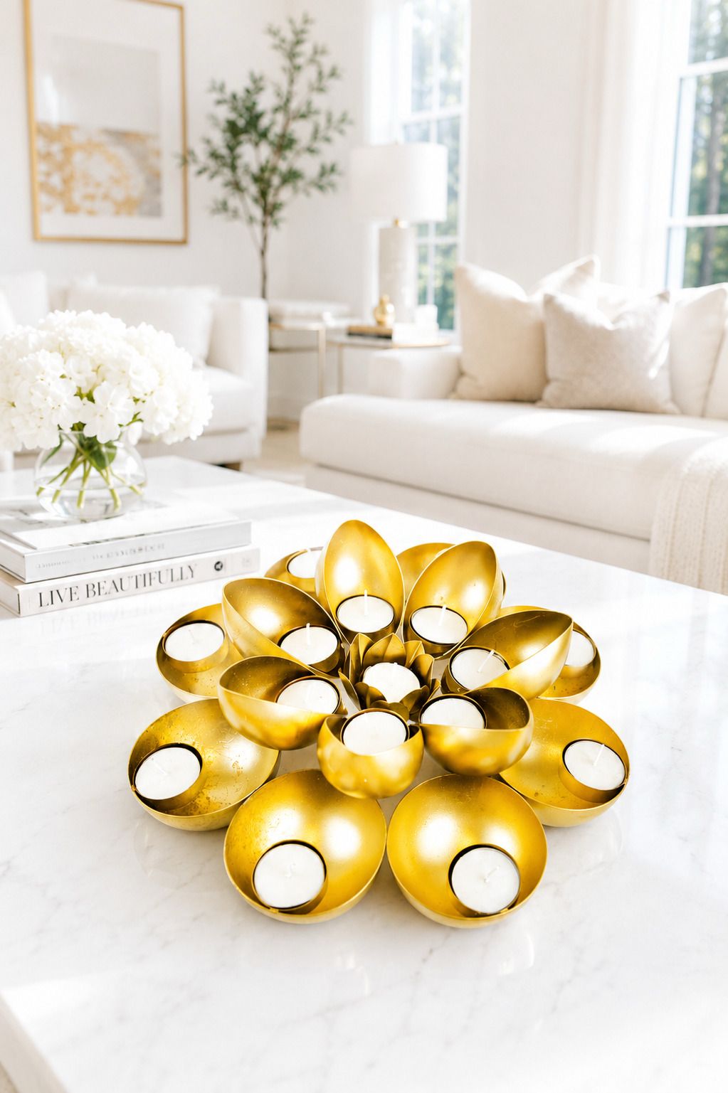 golden metal urli cum tealight holder set decorative diya flower urli for festive home decor