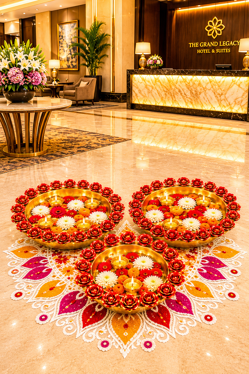 premium decorative urli bowl set of 3 with rose rim design hammered metal floating flower bowls for water candles tea lights diwali pooja wedding festival home decor centerpiece