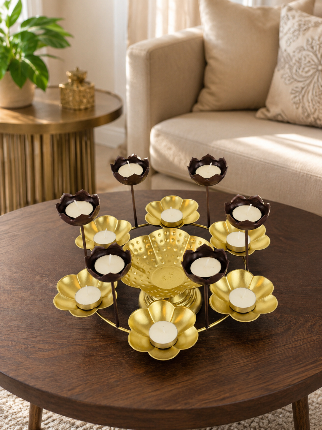 premium lotus urli bowl with elevated tea light holders decorative hammered metal floating flower bowl gold finish candle centerpiece for diwali pooja weddings festivals home decor