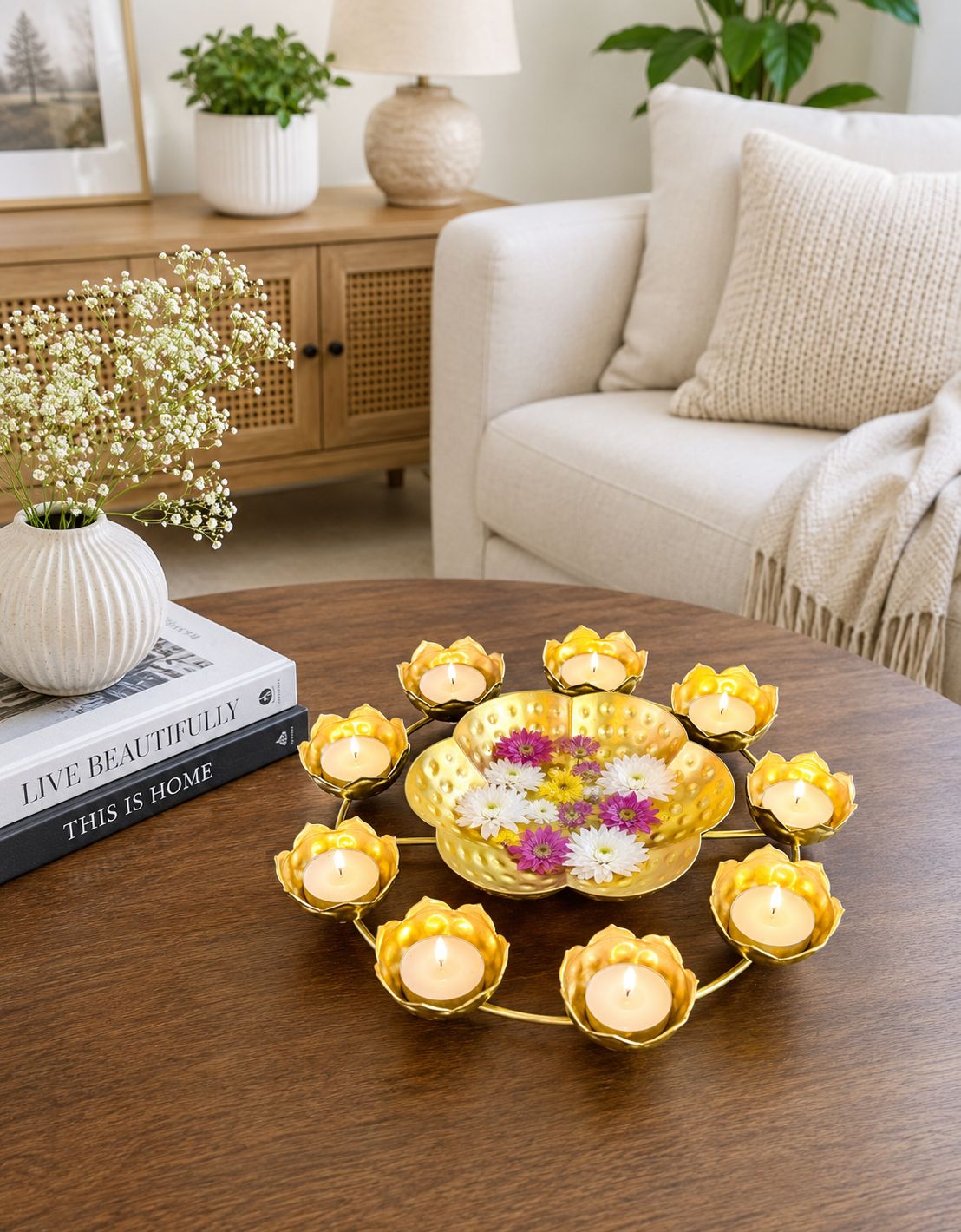 premium lotus urli bowl with 8 tea light holders hammered metal decorative floating flower bowl gold finish centerpiece for diwali pooja weddings festivals home decor gifting