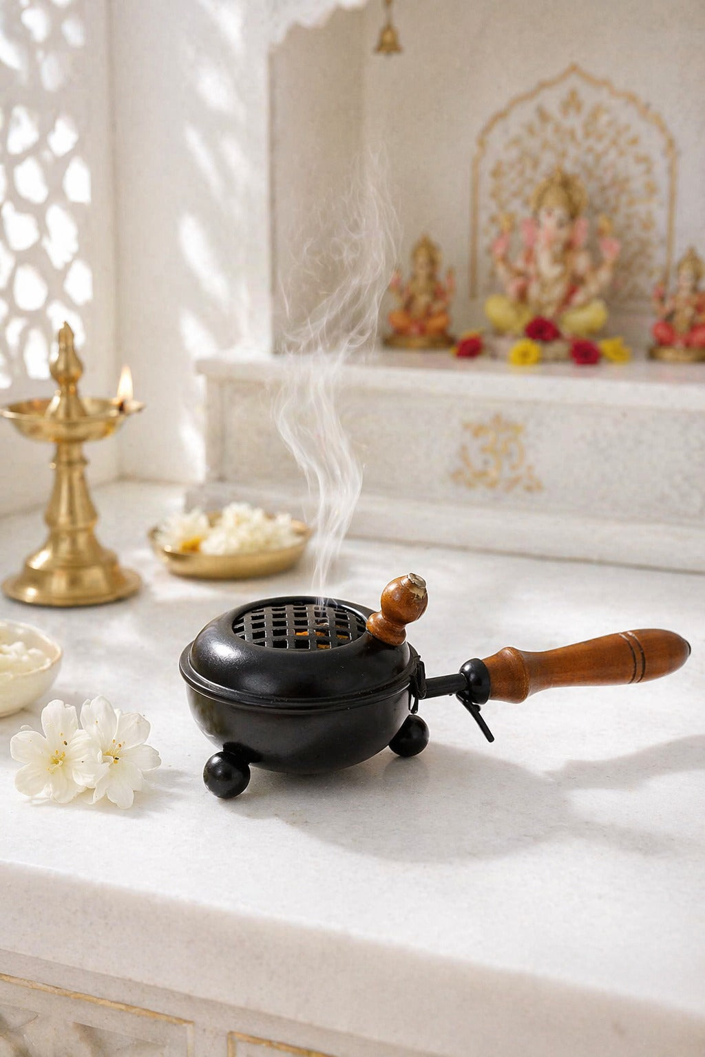 brass finish metal dhoop dani with wooden handle lid for pooja loban sambrani burning covered incense burner for home temple havan vastu premium festive gift item copy