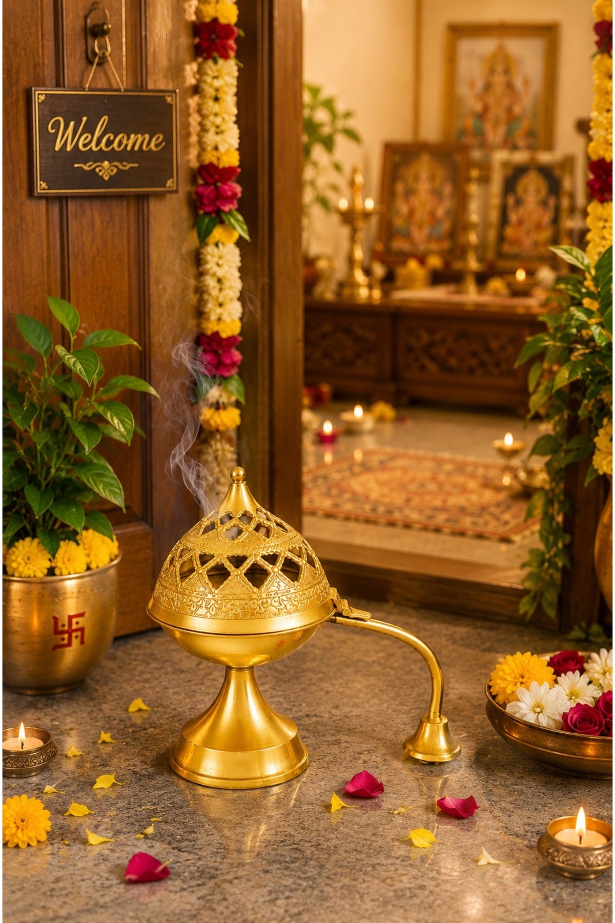 premium brass loban burner with handle handcrafted brass dhoop dani for loban sambrani cups bakhoor resin incense dhoop hinged lid pooja incense burner for home temple meditation gifting