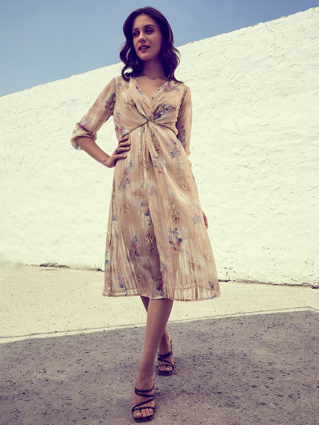 athena floral print chiffon fit flare dress