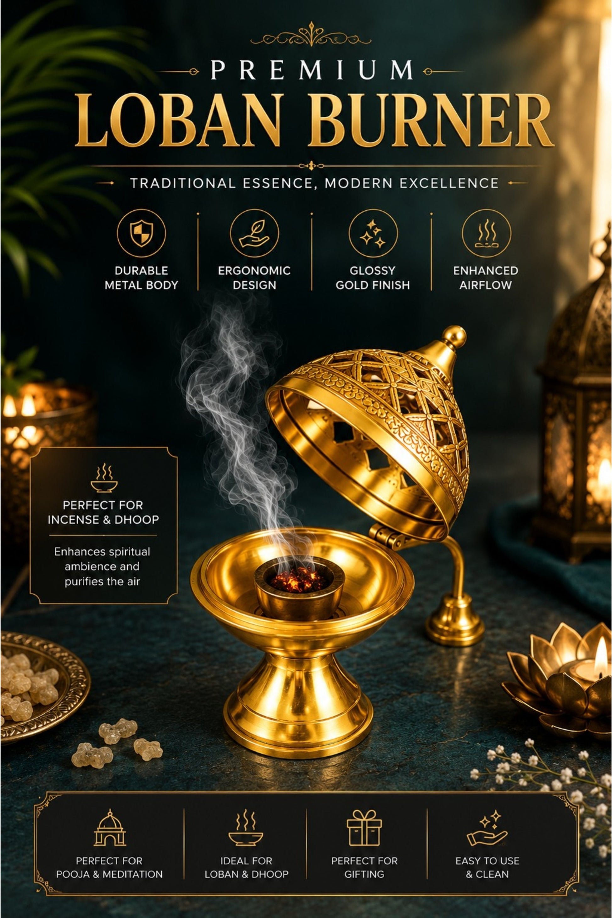 premium brass loban burner with handle handcrafted brass dhoop dani for loban sambrani cups bakhoor resin incense dhoop hinged lid pooja incense burner for home temple meditation gifting