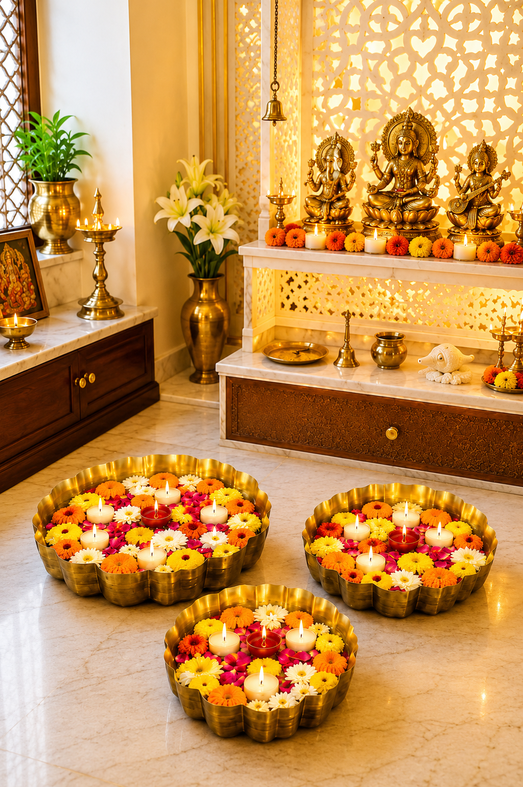 premium decorative urli bowl set of 3 embossed hammered metal floating flower bowls antique gold finish for diyas candles pooja diwali weddings festivals home decor
