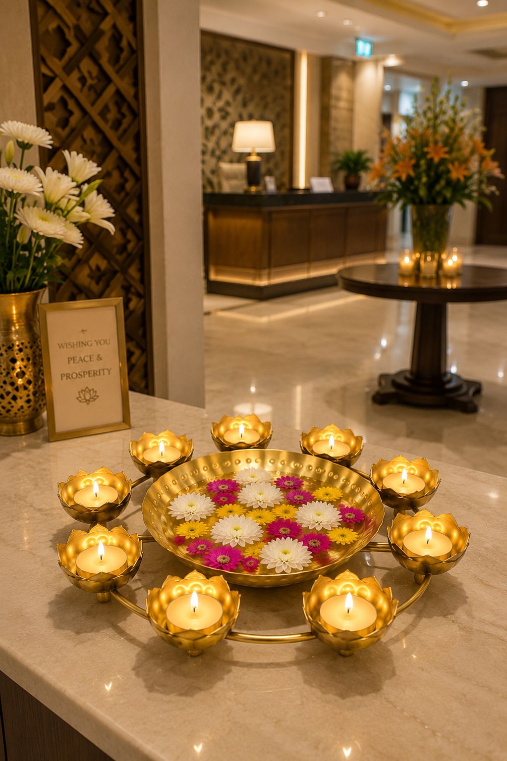 premium lotus urli bowl with 8 tea light holders hammered metal decorative floating flower bowl gold finish centerpiece for diwali pooja weddings festivals home decor gifting