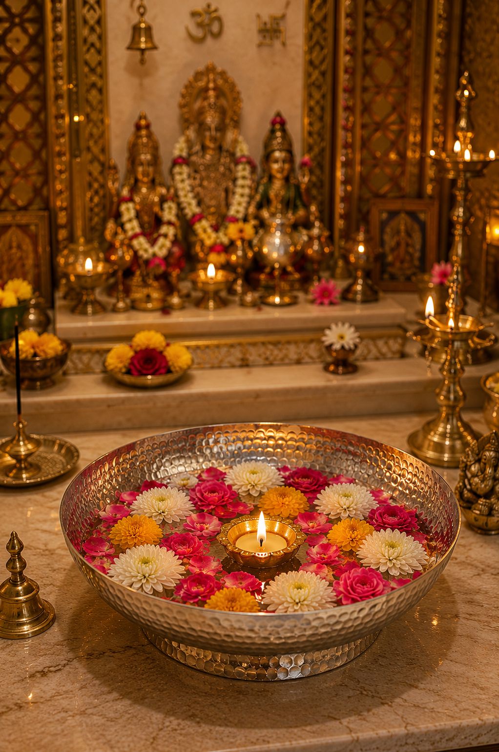 premium hammered silver urli bowl decorative metal floating flower bowl for water candles tea lights diyas handcrafted festival pooja wedding home decor centerpiece