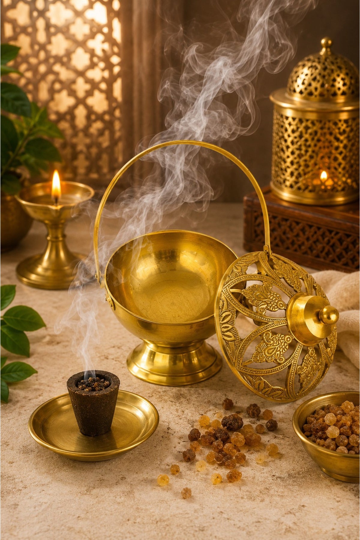 premium brass metal incense burner with handle handcrafted dhoop dani for sambrani loban dhoop cups resin incense decorative smoke diffuser for home temple pooja room
