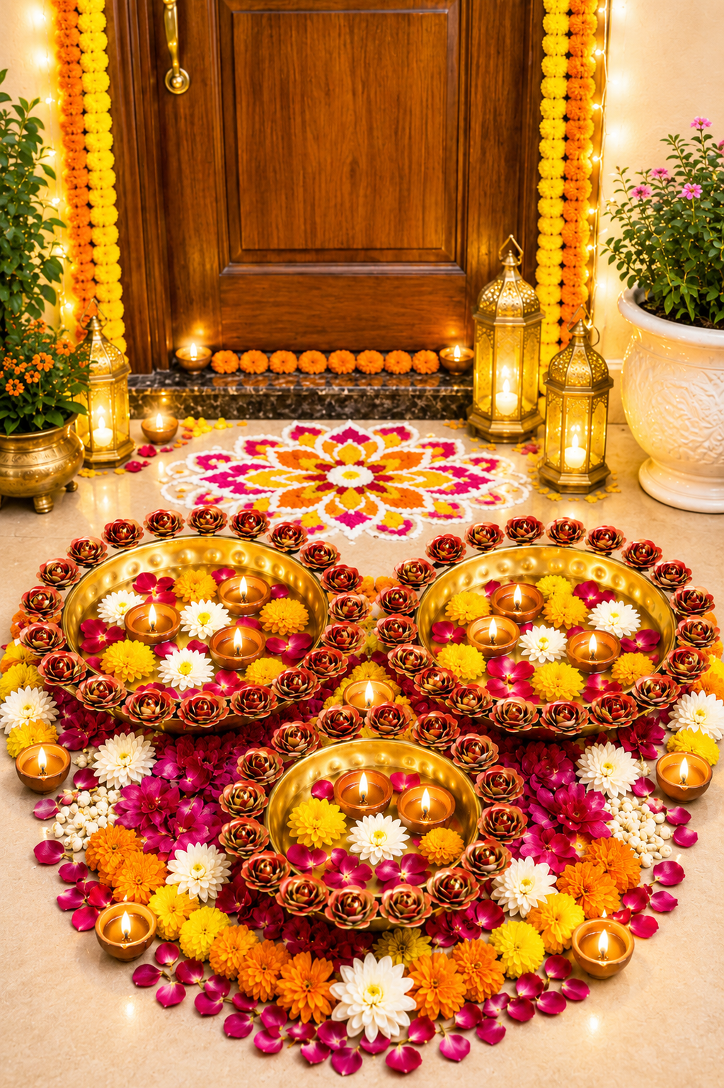 premium decorative urli bowl set of 3 with rose rim design hammered metal floating flower bowls for water candles tea lights diwali pooja wedding festival home decor centerpiece