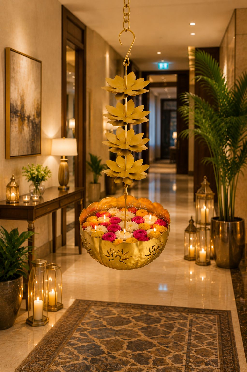 premium hanging lotus urli bowl decorative metal hanging flower urli for floating flowers water candles traditional hanging urli for diwali pooja wedding home decoration