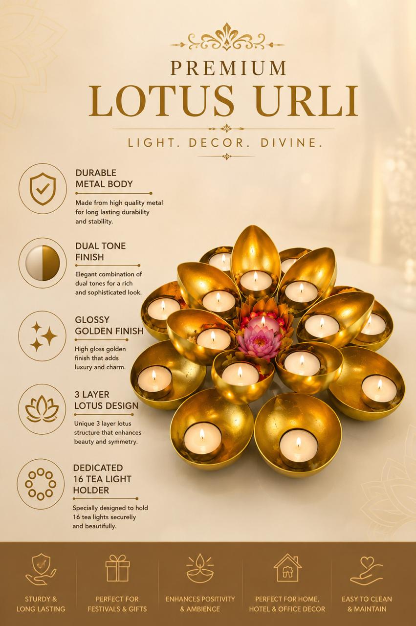golden metal urli cum tealight holder set decorative diya flower urli for festive home decor