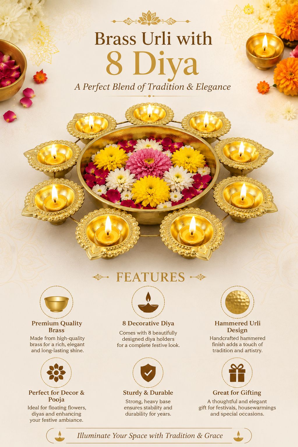 premium iron urli with 8 diya holders decorative metal floating flower bowl for water candles rangoli traditional urli for diwali pooja wedding festivals home decoration