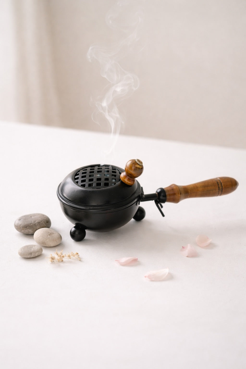 brass finish metal dhoop dani with wooden handle lid for pooja loban sambrani burning covered incense burner for home temple havan vastu premium festive gift item copy