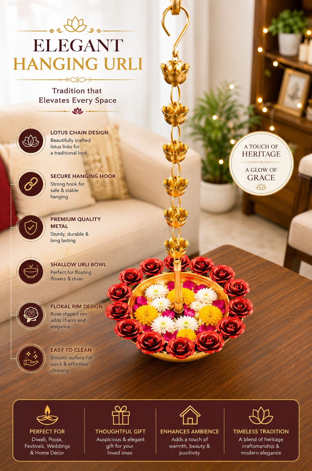 premium hanging lotus urli bowl with rose rim design decorative metal floating flower bowl with lotus chain hanging urli for water candles tea lights diwali pooja wedding home decor
