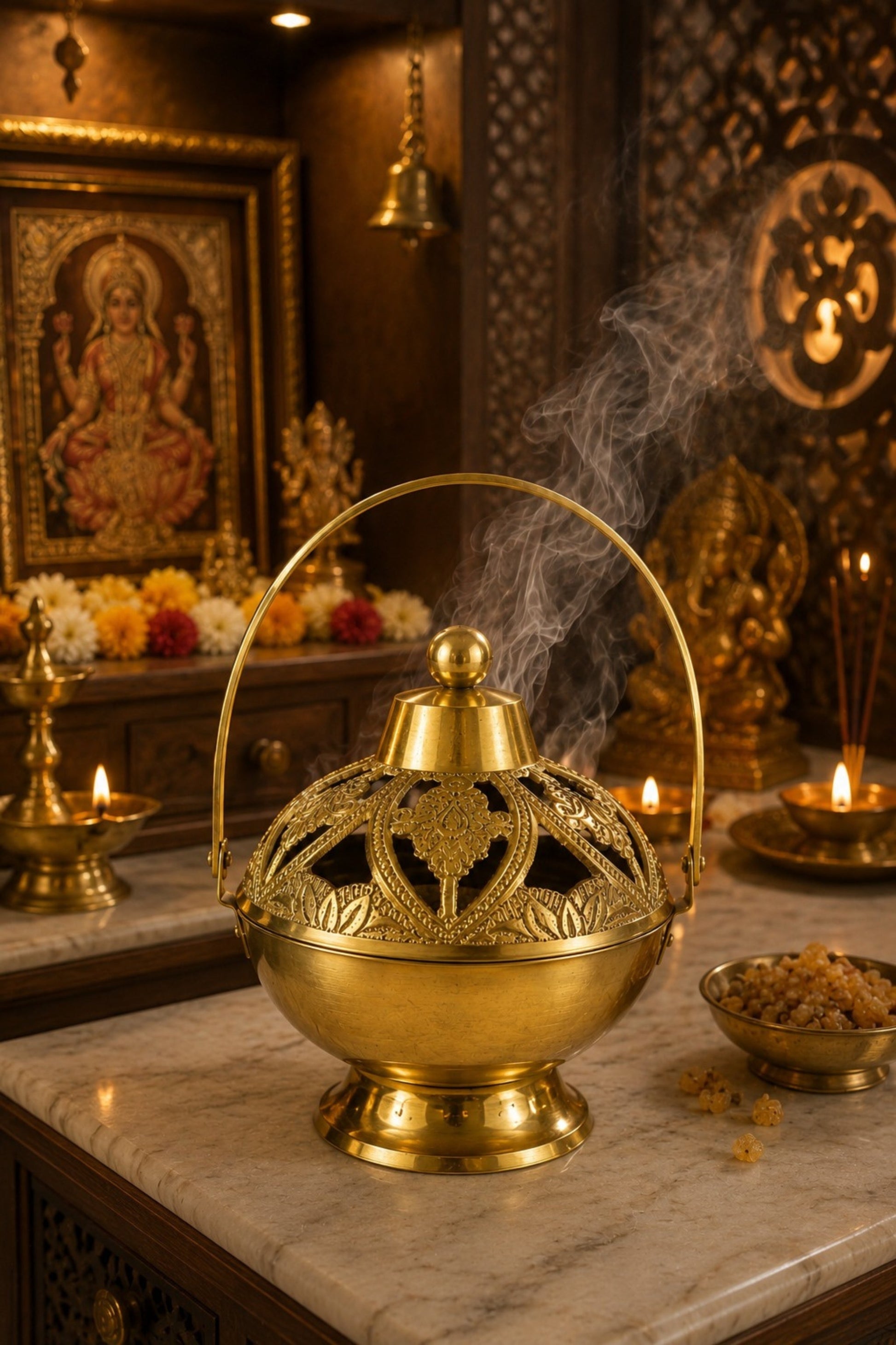 premium brass metal incense burner with handle handcrafted dhoop dani for sambrani loban dhoop cups resin incense decorative smoke diffuser for home temple pooja room