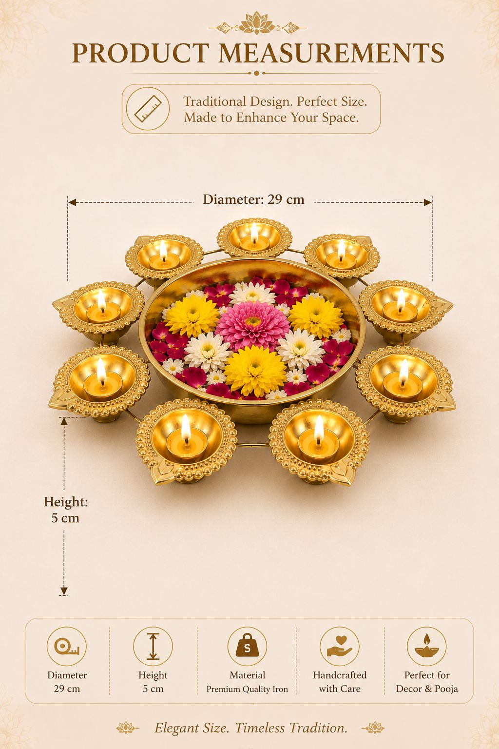 premium iron urli with 8 diya holders decorative metal floating flower bowl for water candles rangoli traditional urli for diwali pooja wedding festivals home decoration