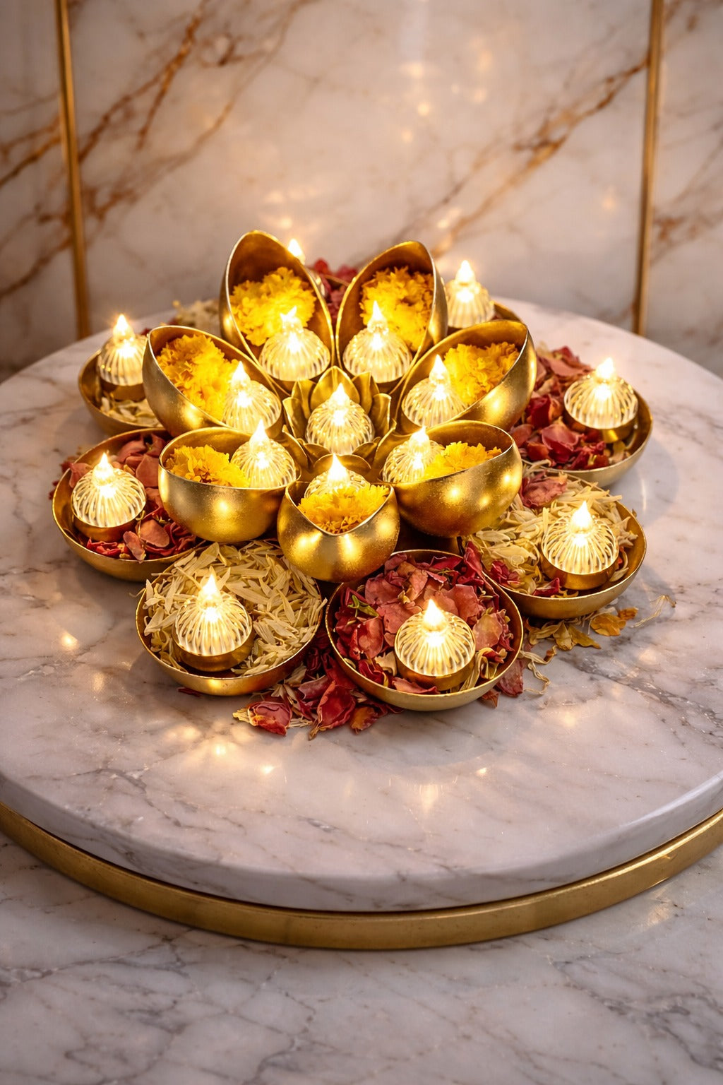 golden metal urli cum tealight holder set decorative diya flower urli for festive home decor