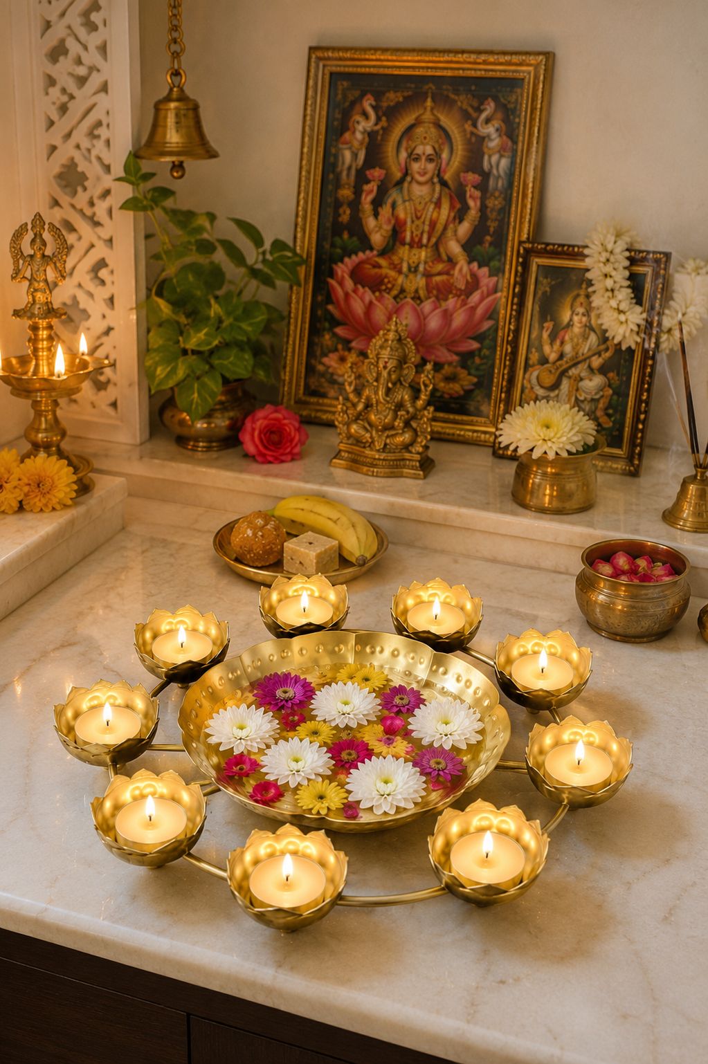 premium lotus urli bowl with 8 tea light holders hammered metal decorative floating flower bowl gold finish centerpiece for diwali pooja weddings festivals home decor gifting