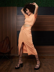 athena peach coloured round neck short sleeves cut outs sheath midi dress