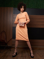athena peach coloured round neck long sleeves tie ups sheath dress