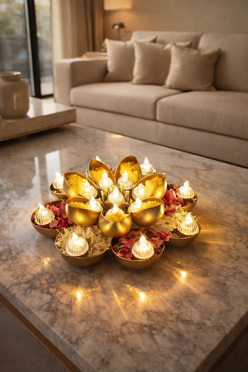 golden metal urli cum tealight holder set decorative diya flower urli for festive home decor