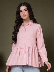 women s pink peplum button down casual shirt