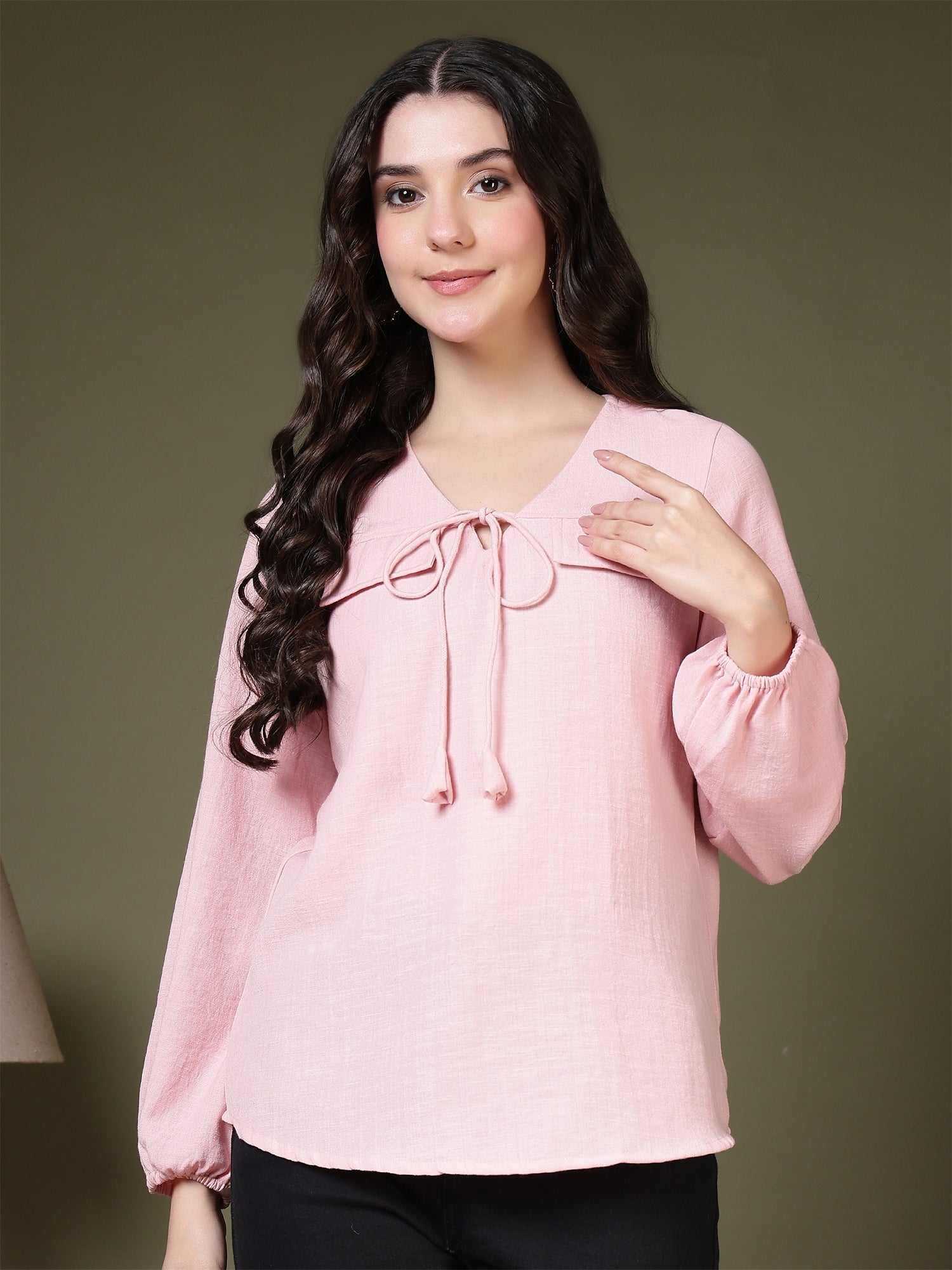 women tie neck long sleeve casual top for office daily wear 1