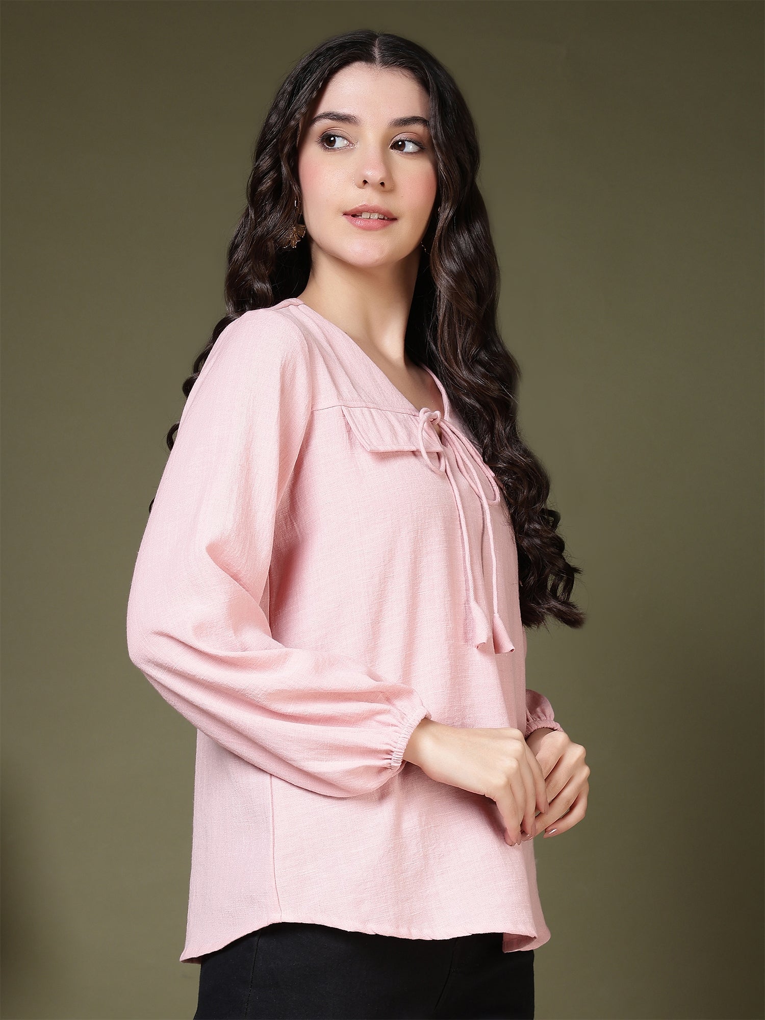 women tie neck long sleeve casual top for office daily wear 1