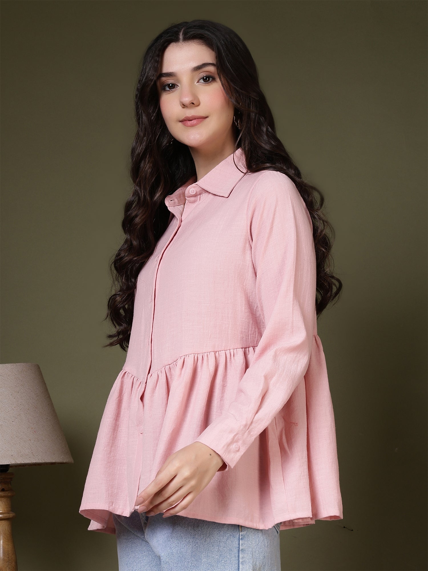 women s pink peplum button down casual shirt