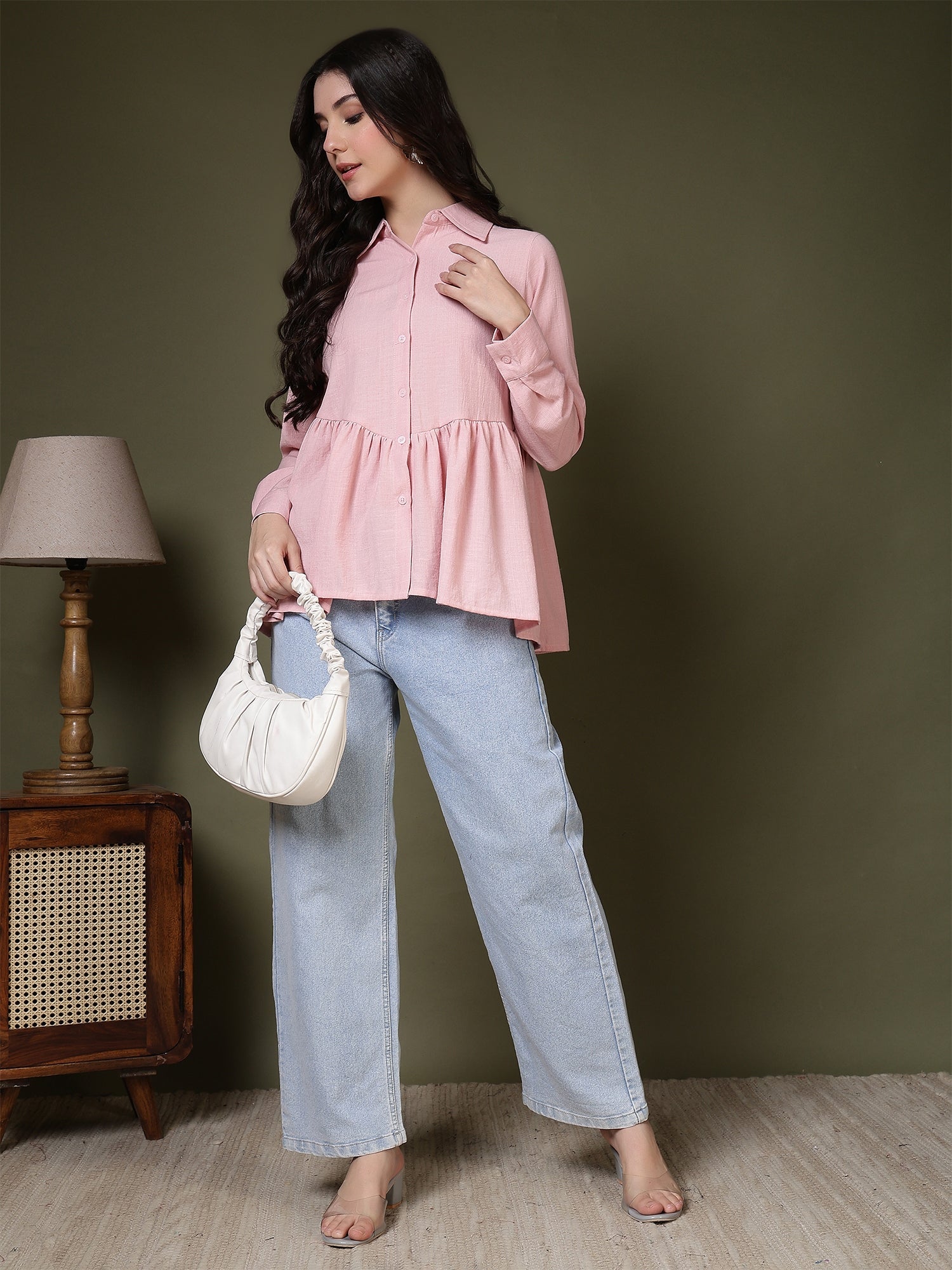 women s pink peplum button down casual shirt