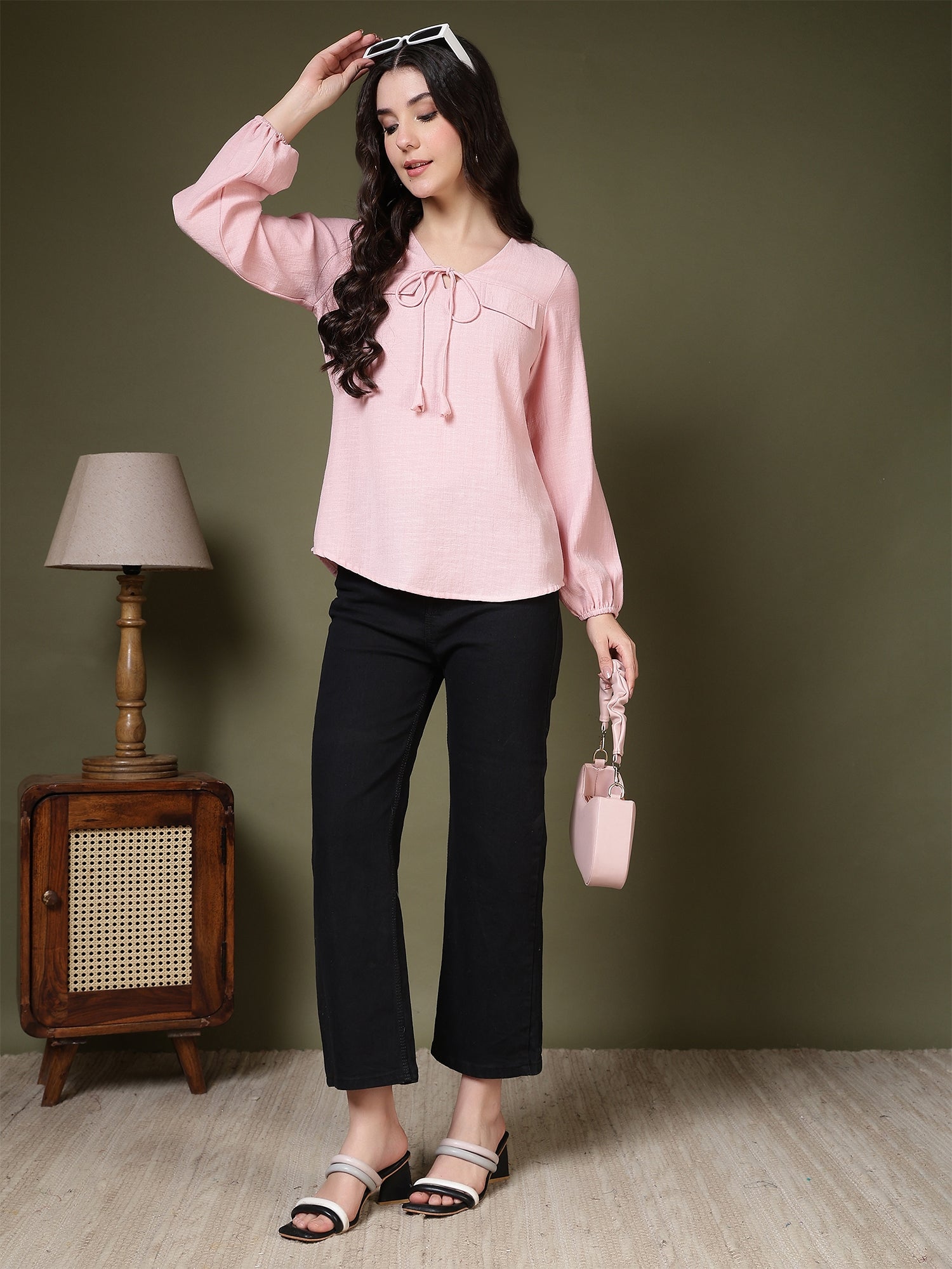 women tie neck long sleeve casual top for office daily wear 1