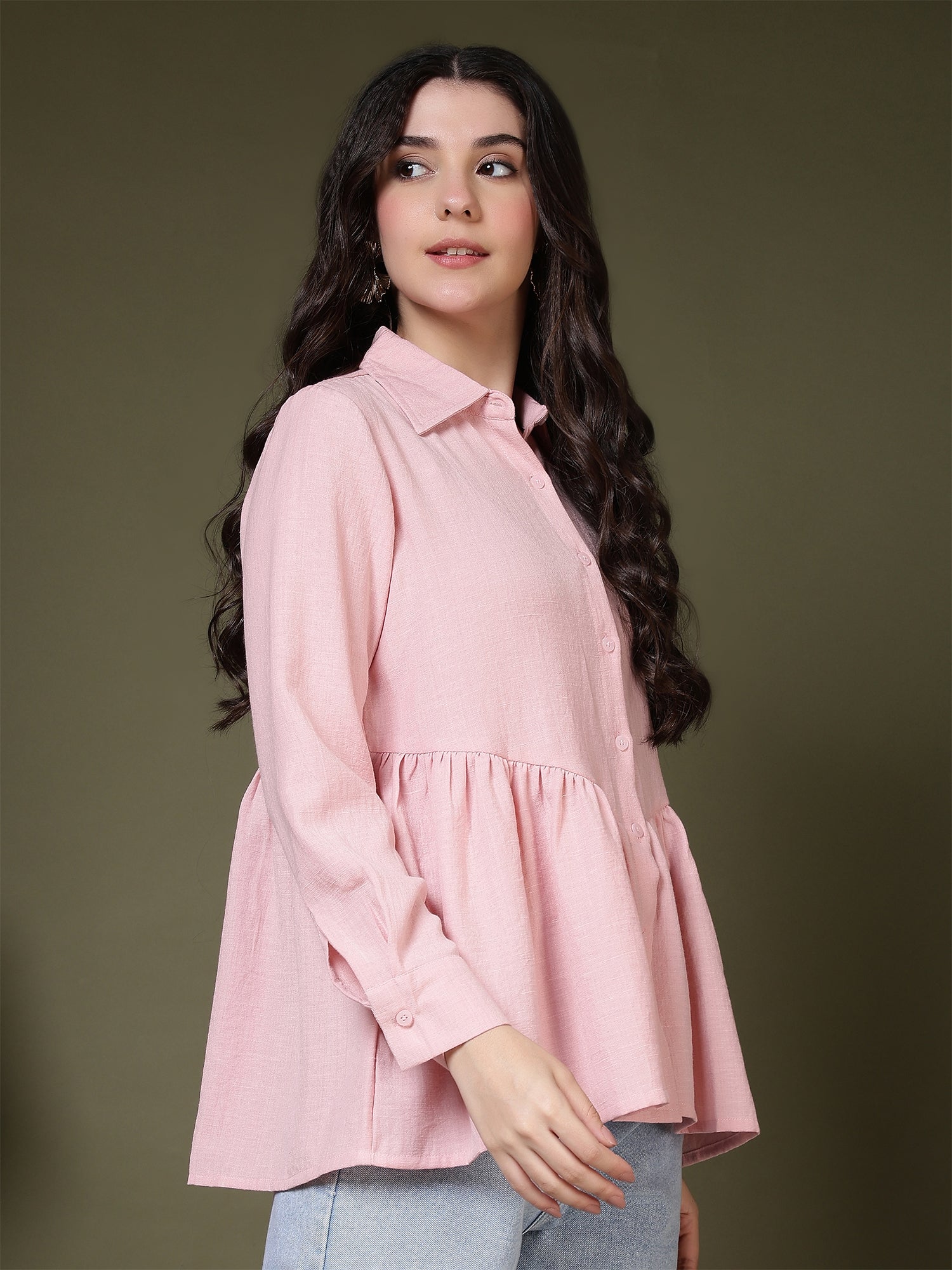 women s pink peplum button down casual shirt