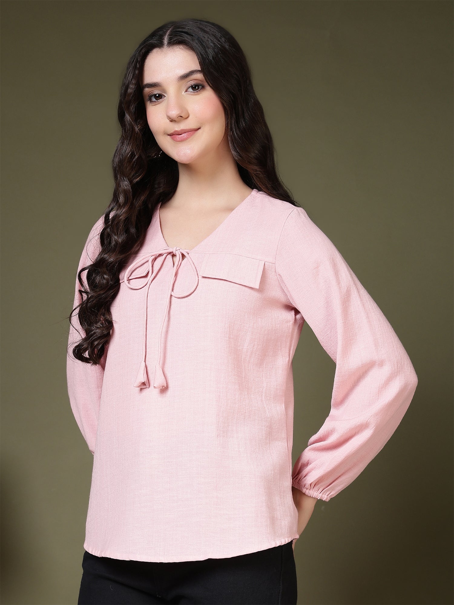 women tie neck long sleeve casual top for office daily wear 1