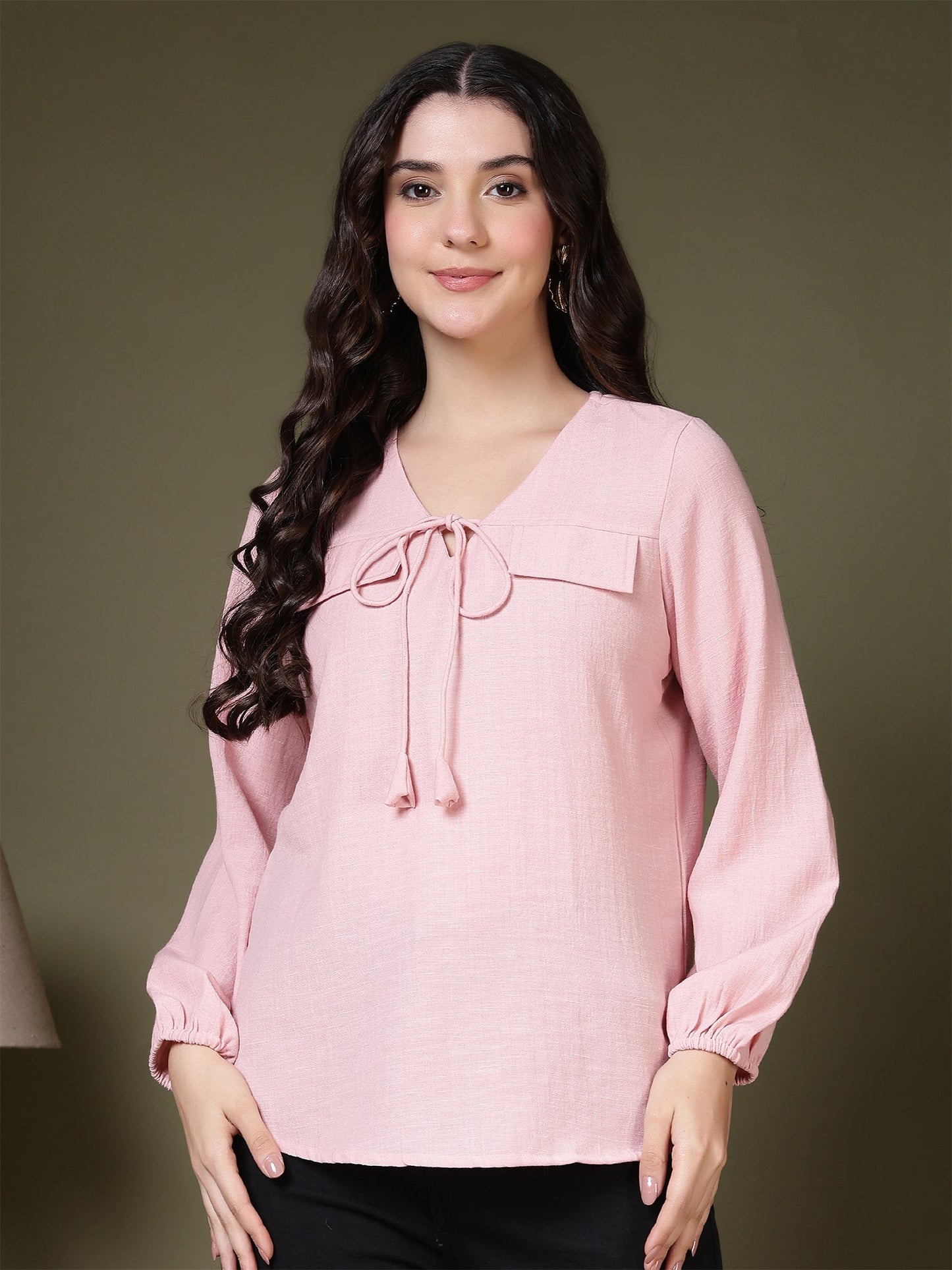 women tie neck long sleeve casual top for office daily wear 1