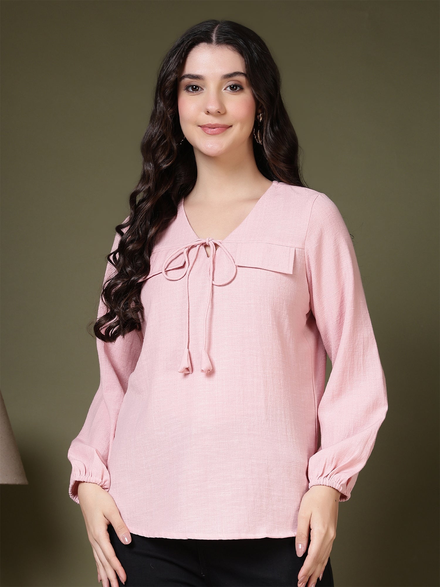 women tie neck long sleeve casual top for office daily wear 1