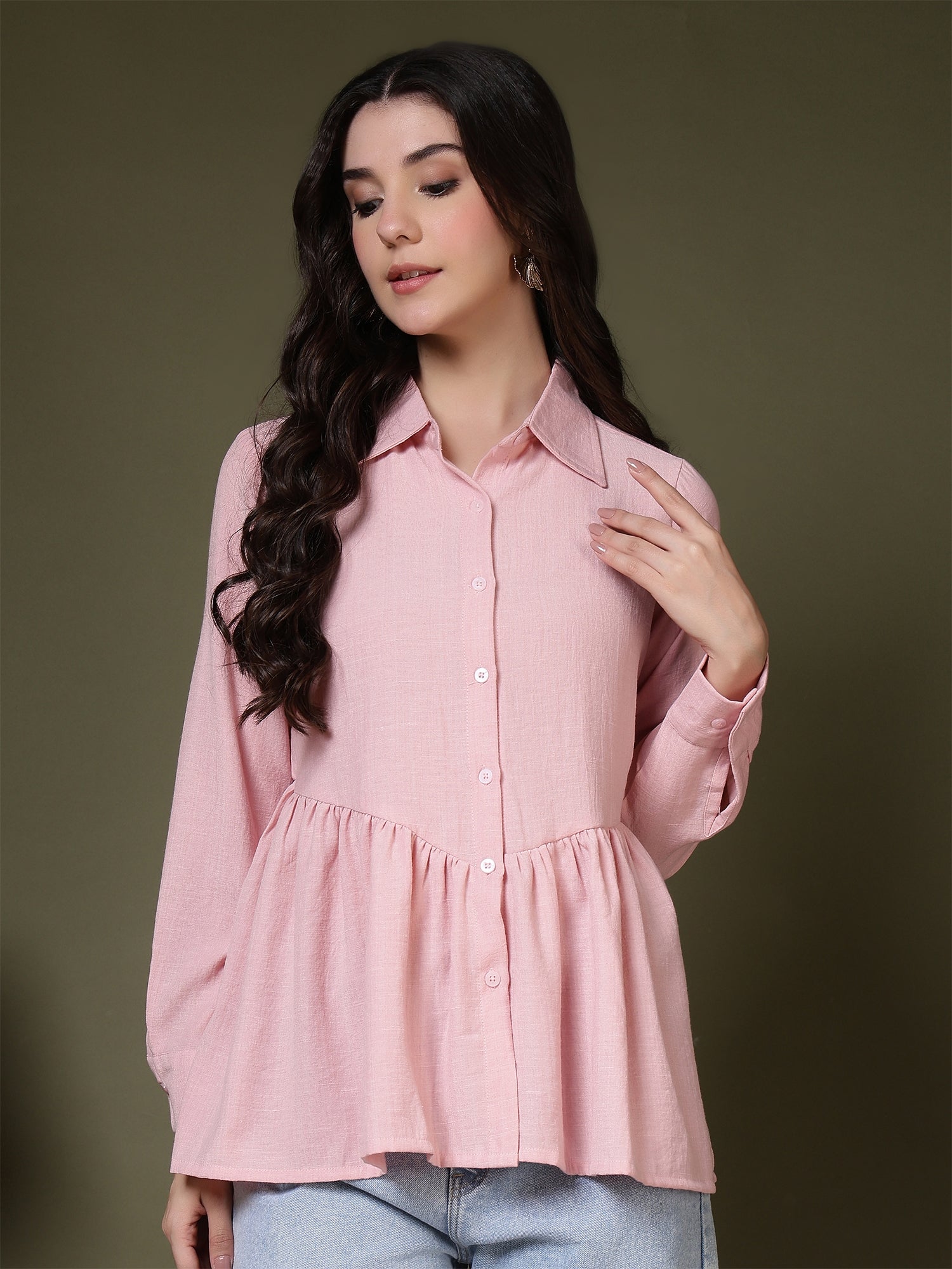 women s pink peplum button down casual shirt