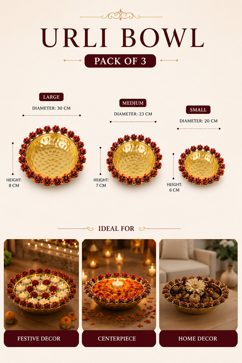 premium decorative urli bowl set of 3 with rose rim design hammered metal floating flower bowls for water candles tea lights diwali pooja wedding festival home decor centerpiece