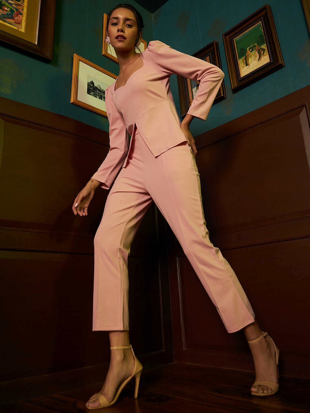 athena women pink solid co ords