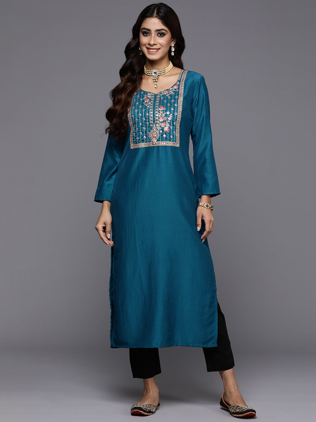 Indo Era Teal Yoke Design Straight Ethnic Kurtas