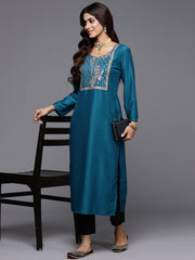 Indo Era Teal Yoke Design Straight Ethnic Kurtas