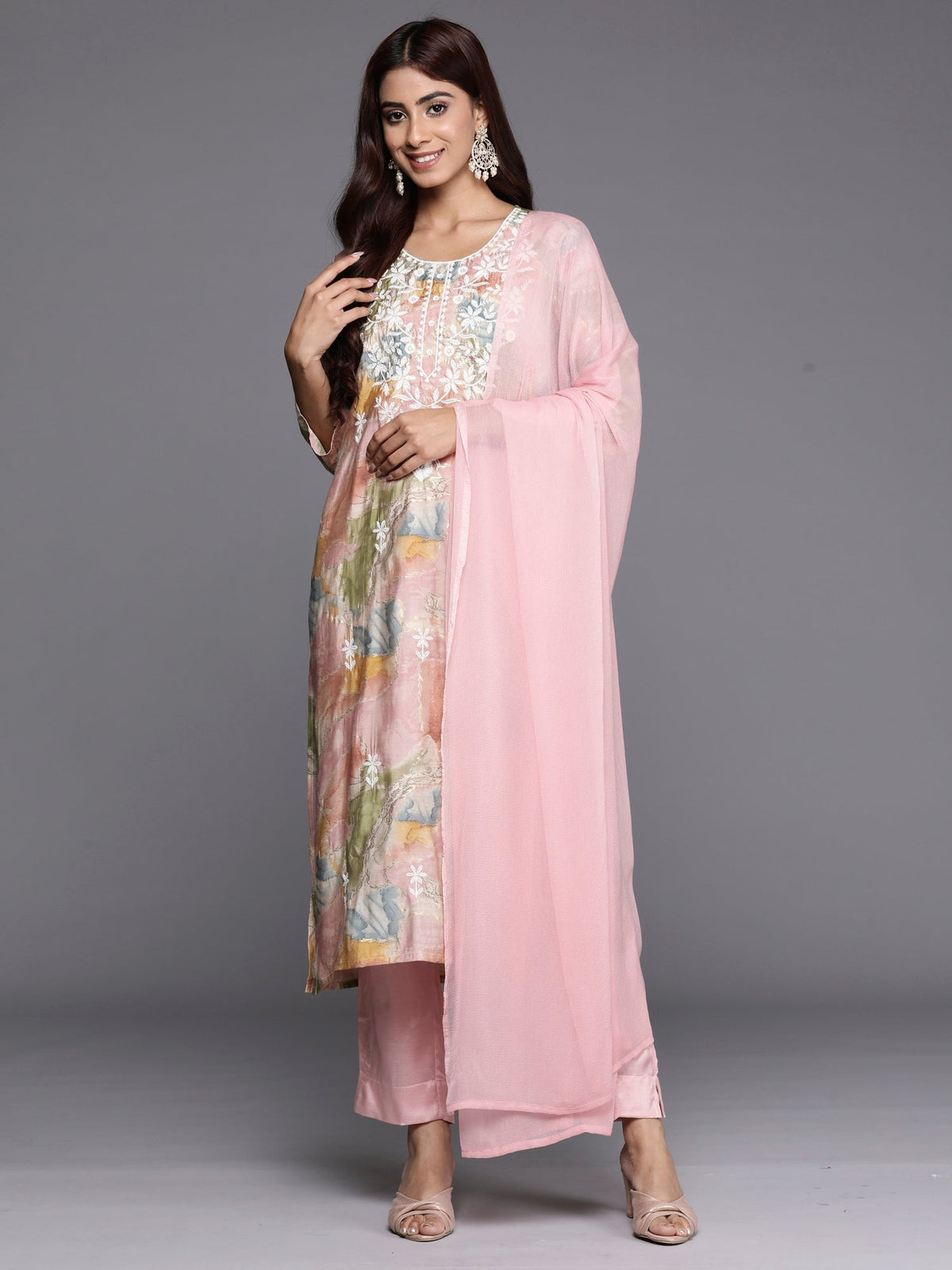 Multi Embroidered Straight Kurta Trousers With Dupatta set