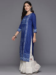 Indo Era Blue Printed Straight Kurtas