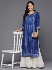 Indo Era Blue Printed Straight Kurtas